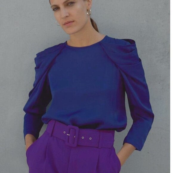 Zara Satin Effect Pleated Puff Shoulder Glossy  Blouse | XS | Royal Blue/Purple - Picture 15 of 16